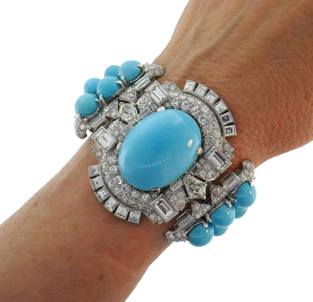 Outstanding Art Deco Revival bracelet created by Trabert & Hoeffer-Mauboussin in the 1930s.
Made of platinum, the bracelet features approximately 127 carats Persian turquoise and
22.26 carats of diamonds. The diamonds are G- H color and VS clarity