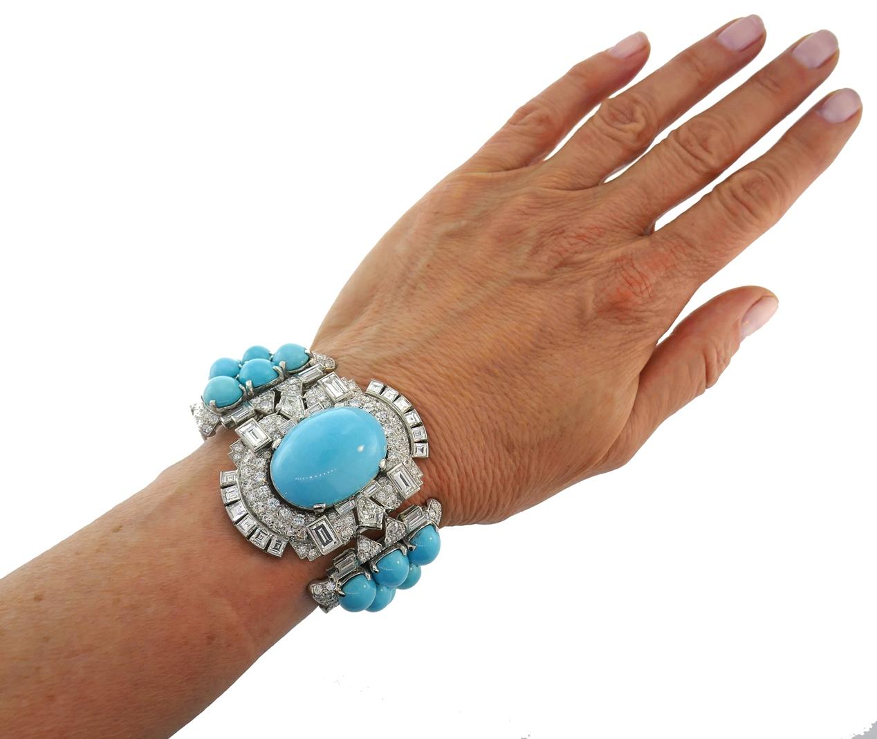 Art déco Trabert & Hoeffer-Mauboussin Bracelet vintage en platine, turquoise persane et diamant en vente