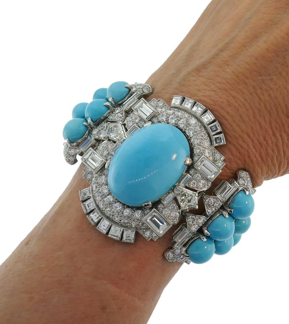 Art Deco Vintage Trabert & Hoeffer-Mauboussin Bracelet Platinum Persian Turquoise Diamond For Sale