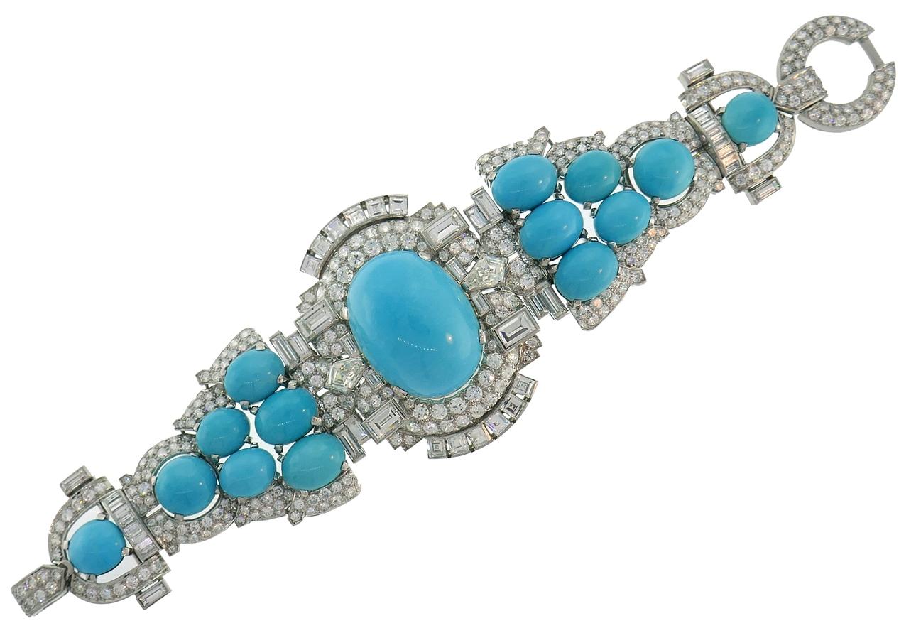 Trabert & Hoeffer-Mauboussin Bracelet vintage en platine, turquoise persane et diamant Pour femmes en vente