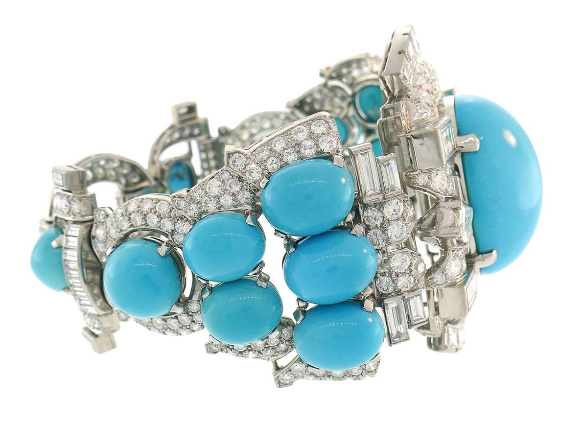 Vintage Trabert & Hoeffer-Mauboussin Bracelet Platinum Persian Turquoise Diamond In Excellent Condition For Sale In Beverly Hills, CA