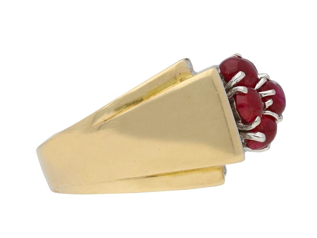 Trabert & Hoeffer with Mauboussin Burmese ruby cocktail ring. Set with a cluster of ten oval cabochon cut natural unenhanced Burmese rubies in open back claw settings with a combined approximate weight of 4.80 carats, further set with twenty eight