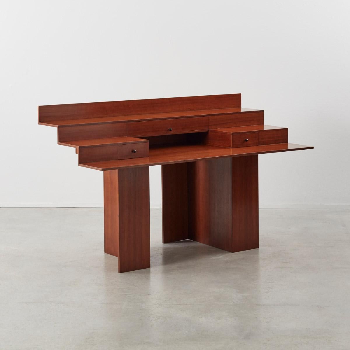 Compasso d’oro winning Architect-designers Marcello Vecchi and Francesco Trabucco, collaborated on this desk in 1983 for Poggi, Pavia, 1983. The Italian maker Poggi (1924-) was famous for championing the designs of other notable architects, the