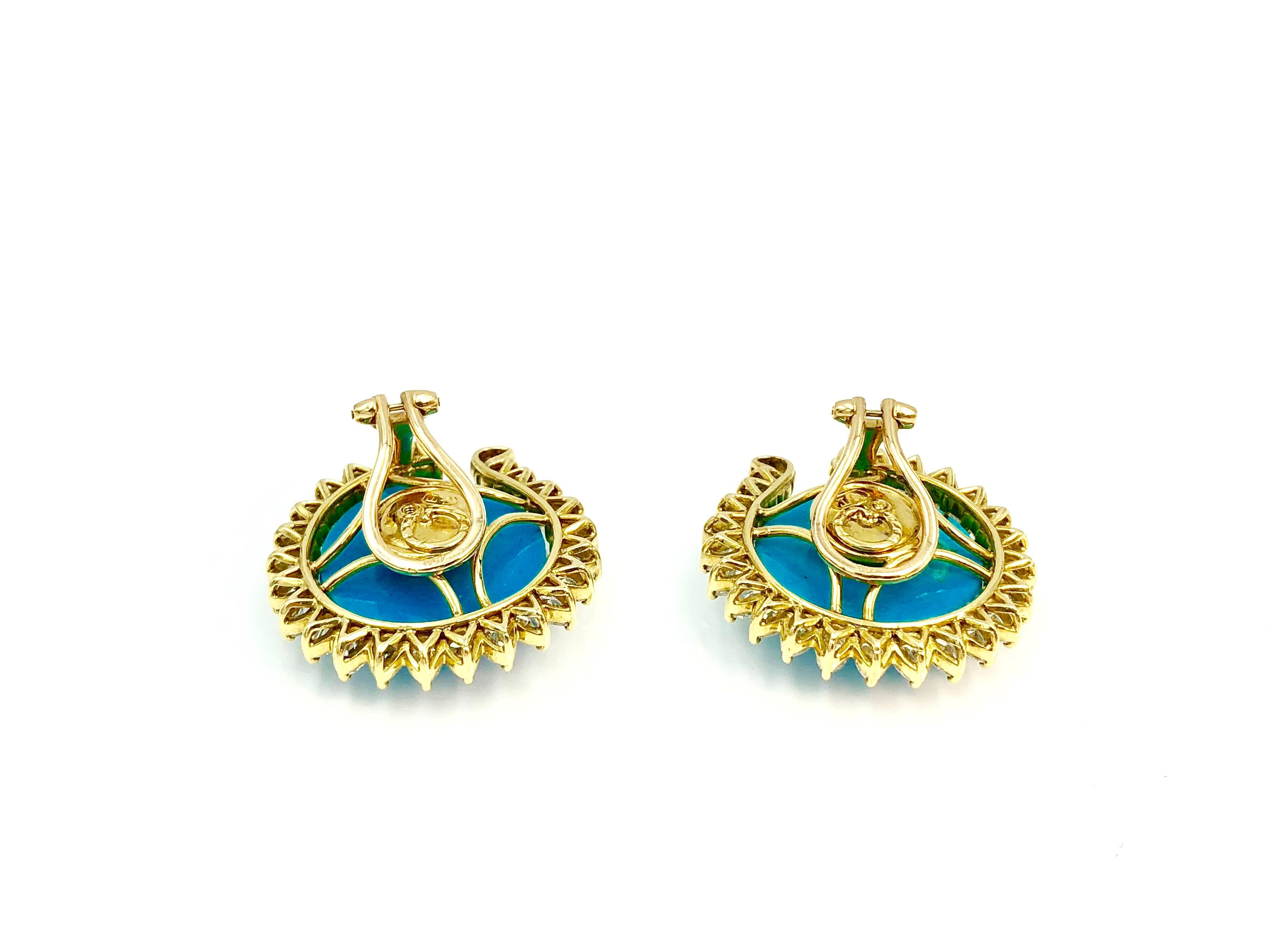 A pair of gold earrings centered by two beautiful round and flat turquoises, surrounded by a line of per shape diamonds. Can be worn everyday by an elegant lady.

Turquoise, Diamond (total fo 50 Stones , pear shape, 4 ct ca.)

The item is signed GT