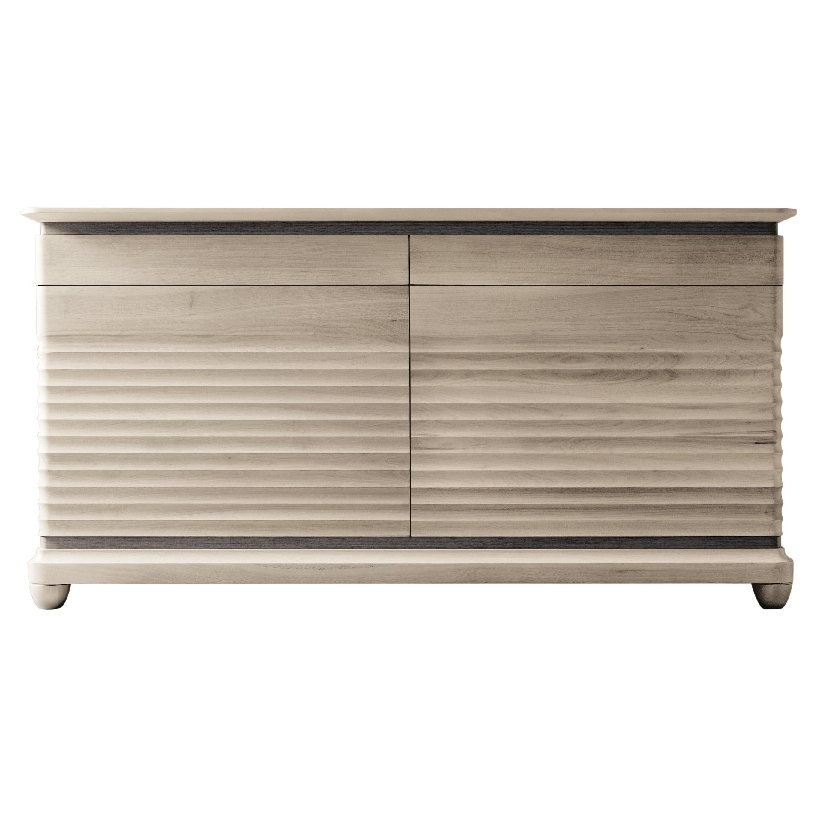 Traccia Solid Wood Sideboard, Walnut in Natural Grey Finish, Contemporary