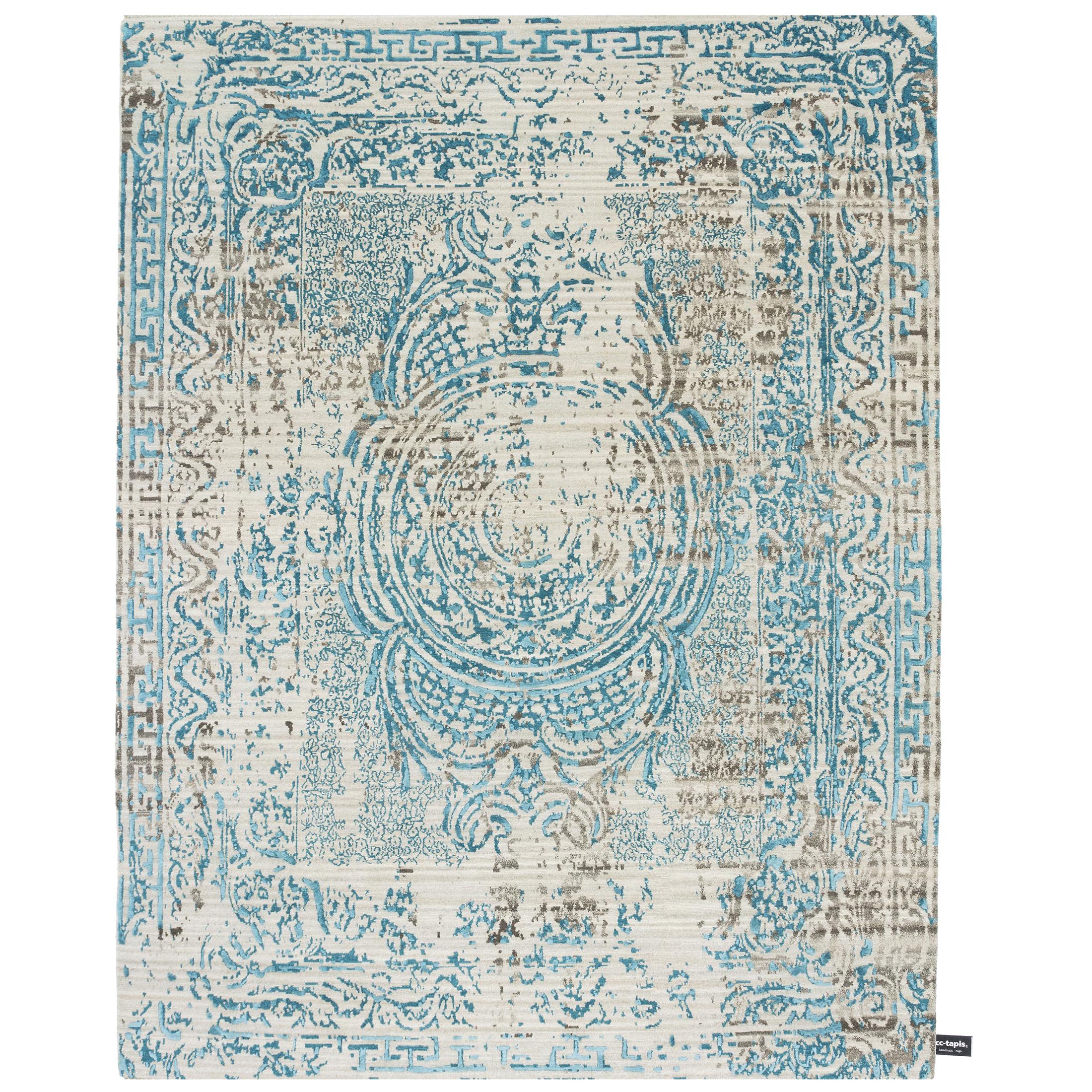 For Sale: Blue (Light Petrol (CG-02) Nat Fringes) cc-tapis Traces D’Aubusson Rug