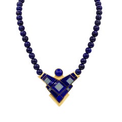 Tracey Designs Navajo Lapis Lazuli Bead Necklace in Yellow Gold & Enamel