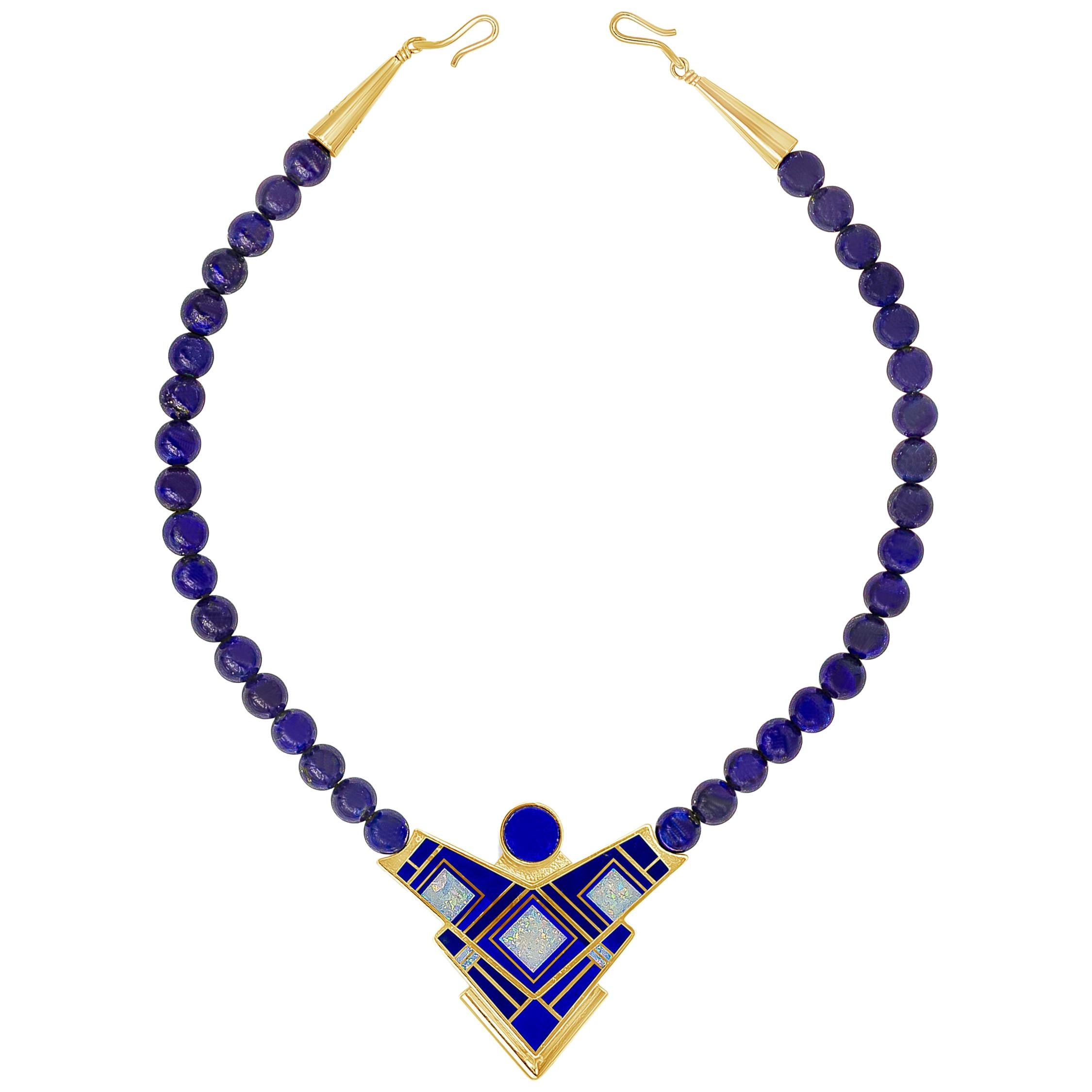 Tracey Designs Navajo Lapis Lazuli Beads, Gold and Enamel Necklace For Sale