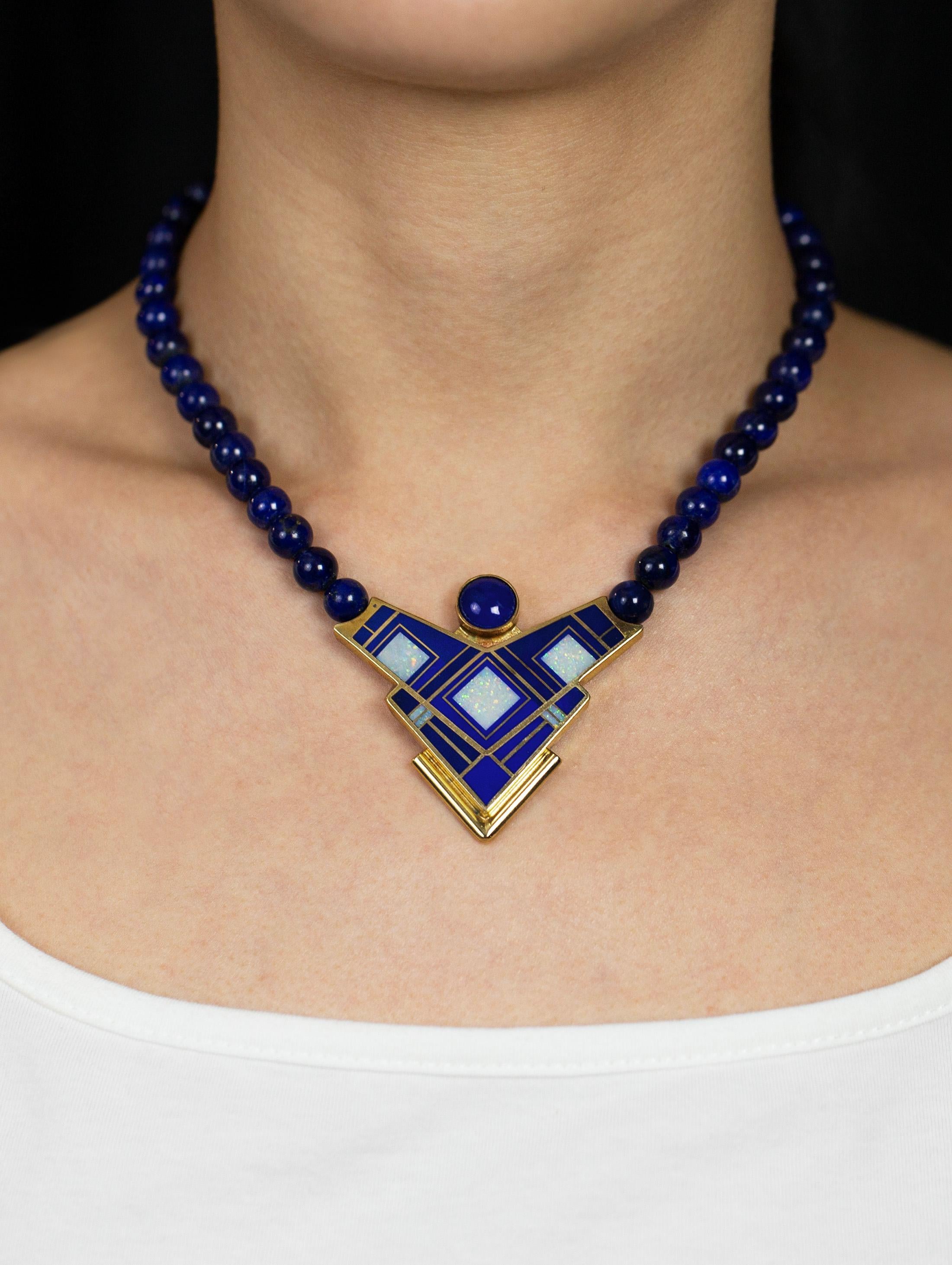 Native American Tracey Designs Navajo Lapis Lazuli Beads, Gold and Enamel Necklace For Sale