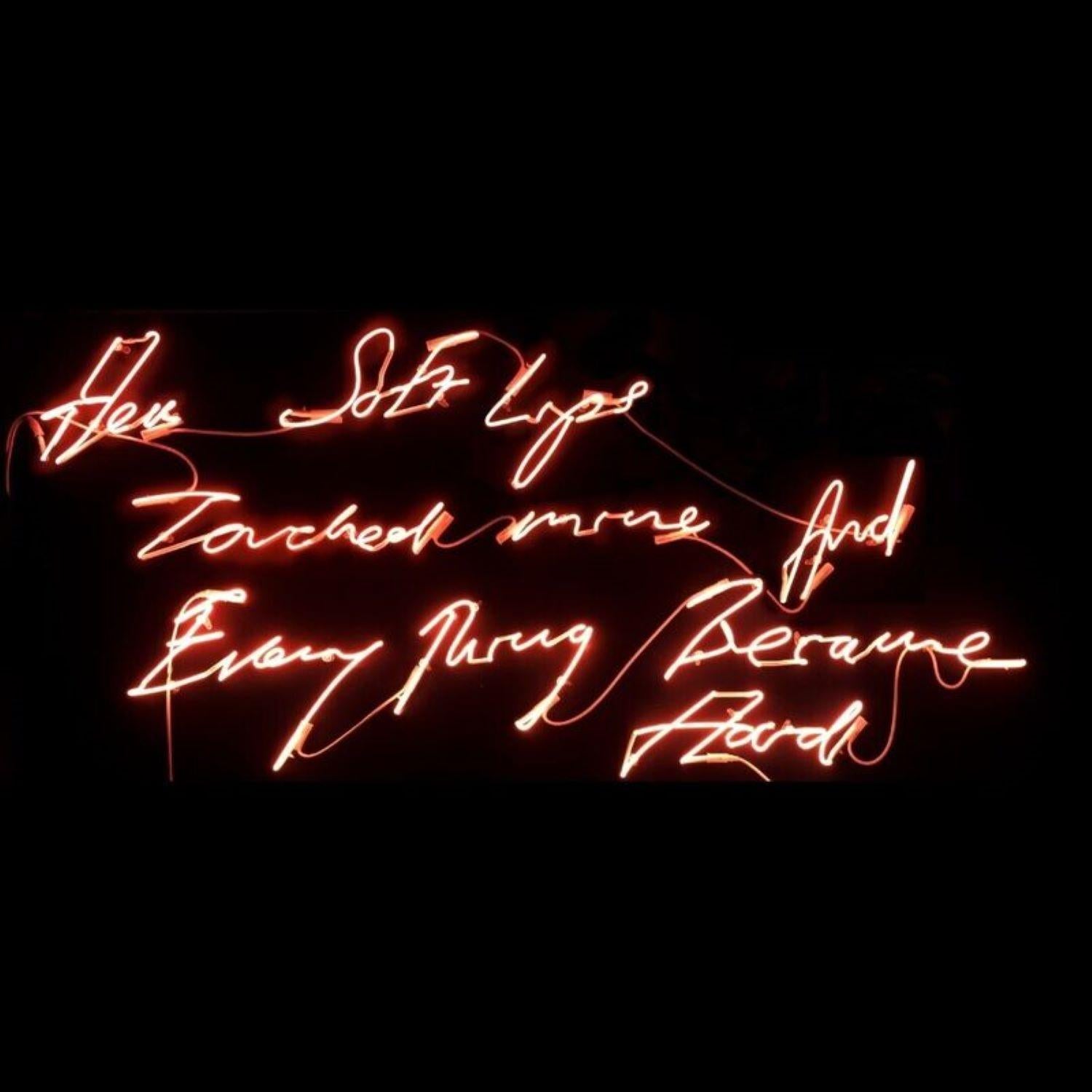 Her soft lips touched mine and everything became hard

By Tracey Emin

Tracey Emin is a prominent British artist and one of the leading figures of the Young British Artists (YBAs) movement. Renowned for her provocative and autobiographical works,
