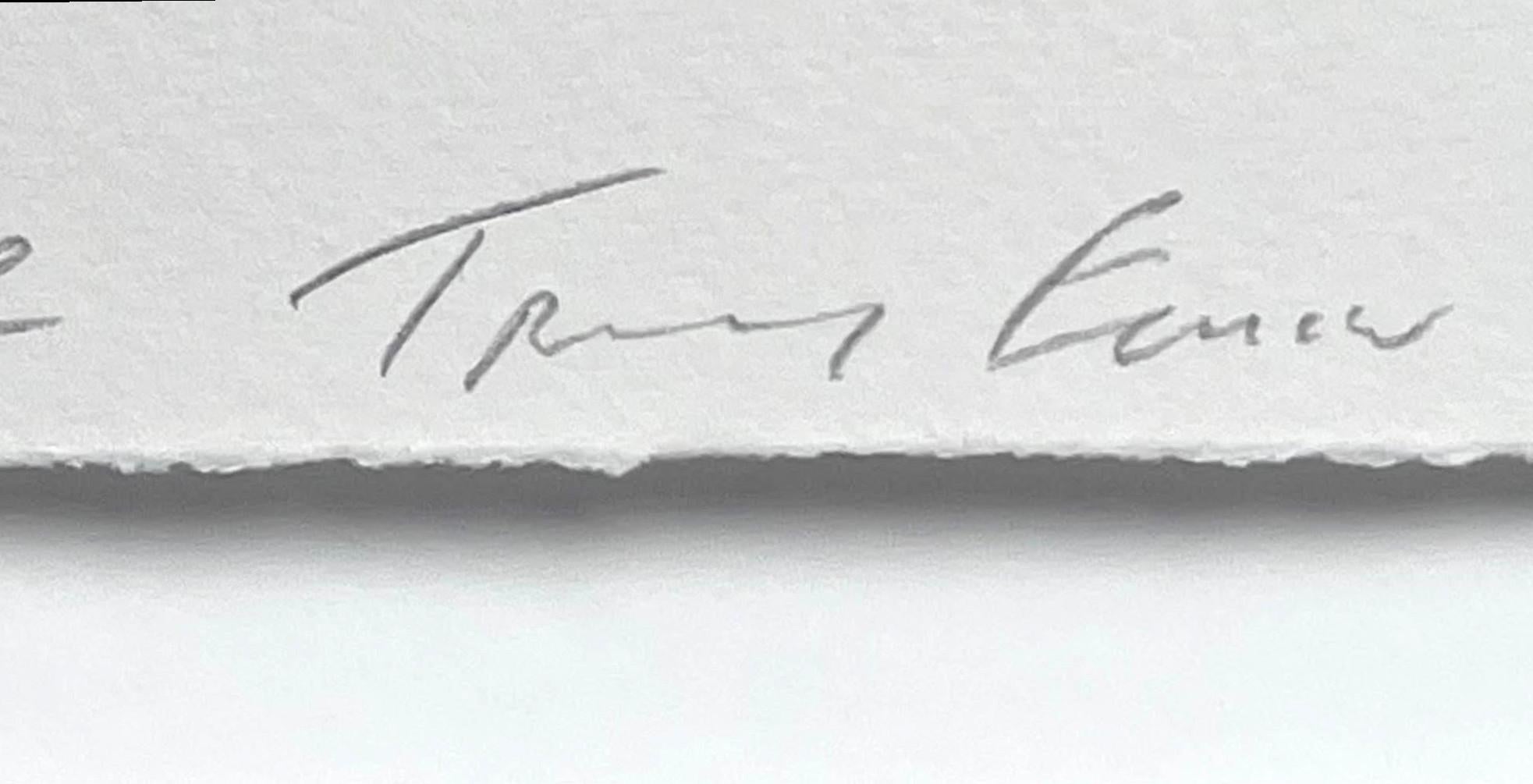 Tracey Emin
Auf Wiedersehen, 2018
Polymertiefdruck auf Somerset 300gsm
Mit Bleistift signiert, betitelt, datiert und nummeriert 71/100 von Tracey Emin auf der Vorderseite
Inklusive Rahmen:
Elegant schwebend und gerahmt in einem weißen Holzrahmen mit