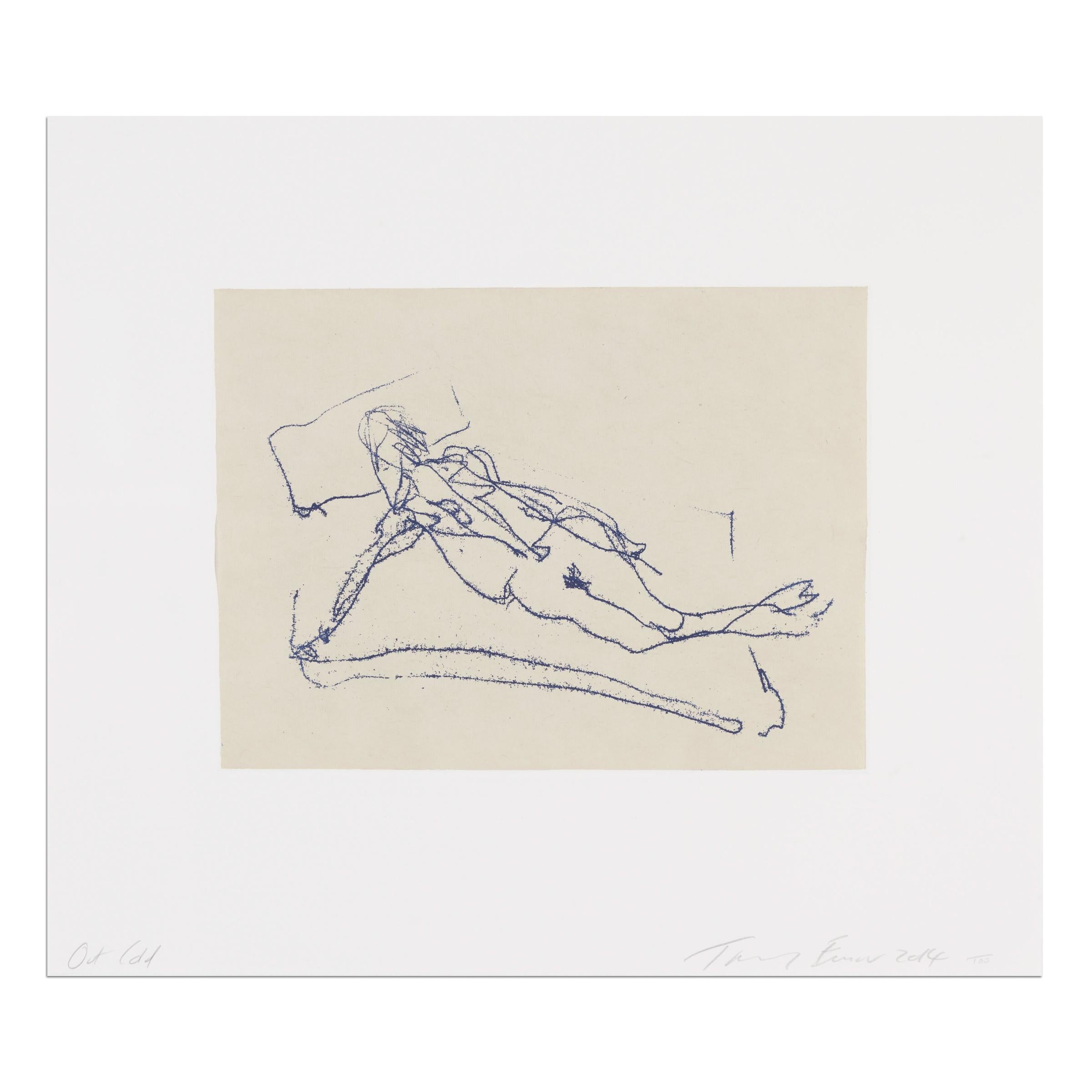Tracey Emin (British, born 1963)

Out Cold, 2014

Medium: Polymer gravure etching on chine collé on wove paper

Dimensions: 37.3 x 43 cm (14 3/4 x 17 in)

Edition of 100: Hand-signed titled, dated and numbered in pencil

Publisher: Tracey Emin