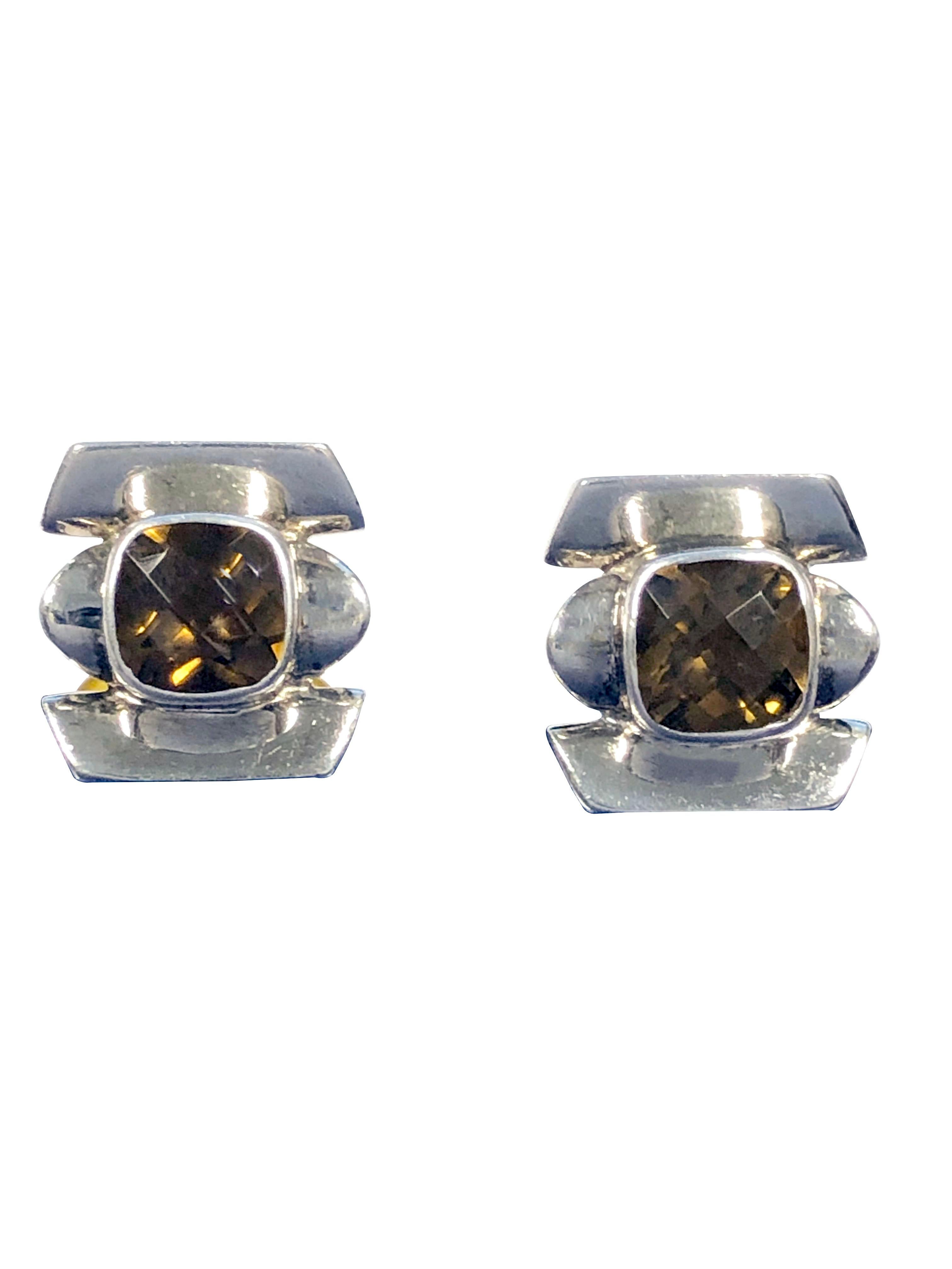 Circa 2018 Sterling Silver Cufflinks by Famed Designer Tracey Mayer, the tops measure 3/4 x 7/8 inch and are centrally set with Cushion shape cross faceted Citrine, the toggle backs are set at the end with a Cabochon Citrine as well. 