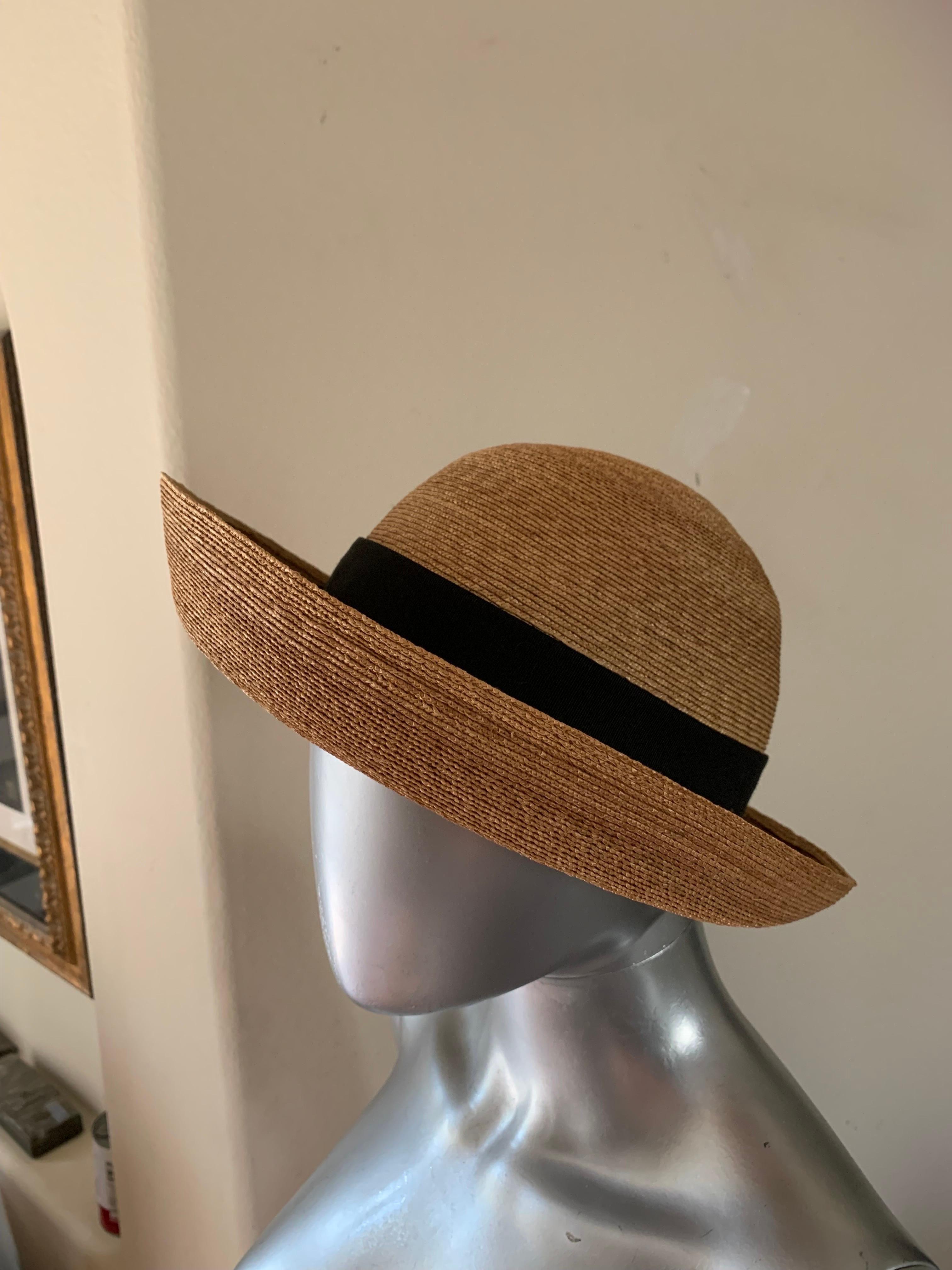 Tracey Tooker Straw Boater Hat with Black Grosgrain Bow NWOT In Good Condition For Sale In Palm Springs, CA