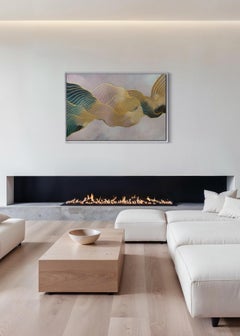 "Nebbia all'orizzonte", pittura astratta ad acrilico e penna ad olio metallizzata oro