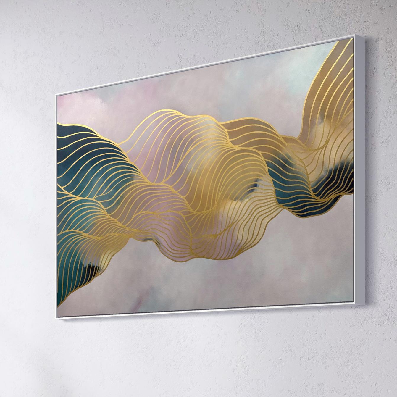 Cette peinture abstraite contemporaine de Tracie Cheng, intitulée Haze on the Horizon, est une exploration poétique de l'espace, de la forme et du mouvement. Sur un fond dégradé de lilas, de pierre et de bleu-gris pâle, des lignes dorées ondulent en
