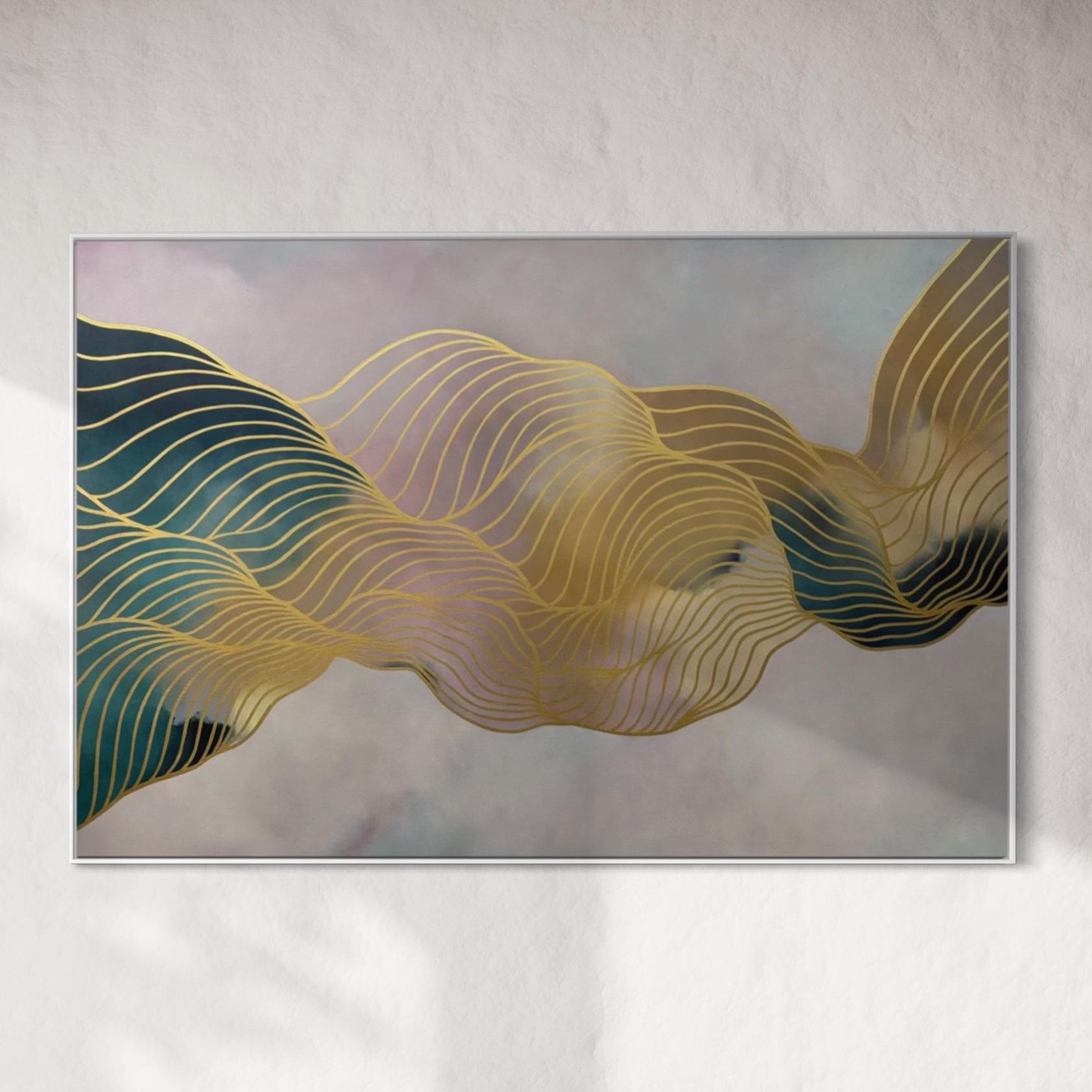 "Haze on the Horizon", peinture abstraite à l'acrylique et à la plume d'huile métallisée or - Mixed Media Art de Tracie Chang