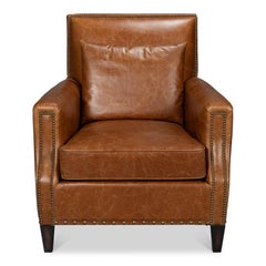 Track-Arm Club Chair, Rich Brown Leather with Nailheads