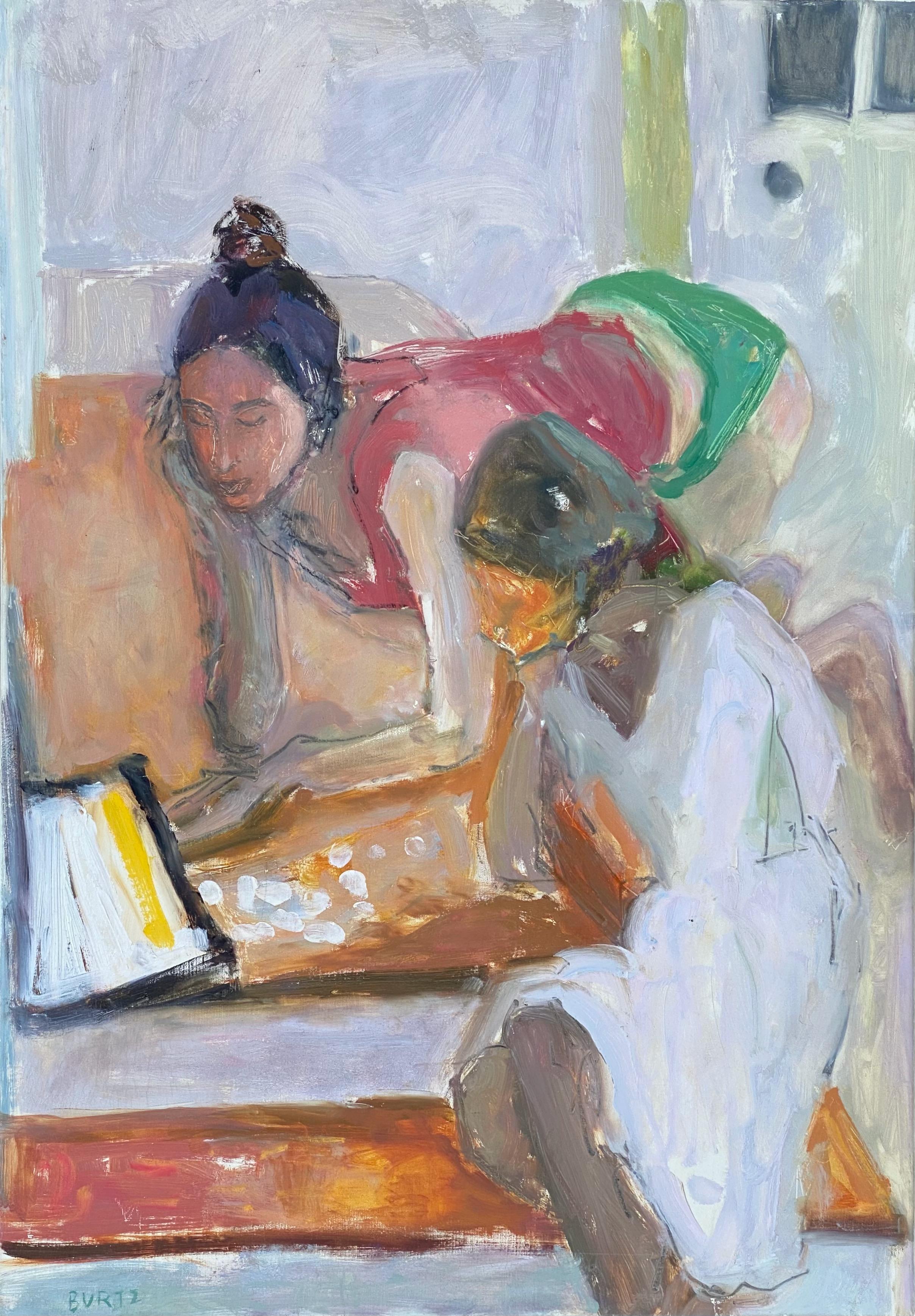 Tracy Burtz Interior Painting - Study for "Angel Wings" [girls at a laptop]
