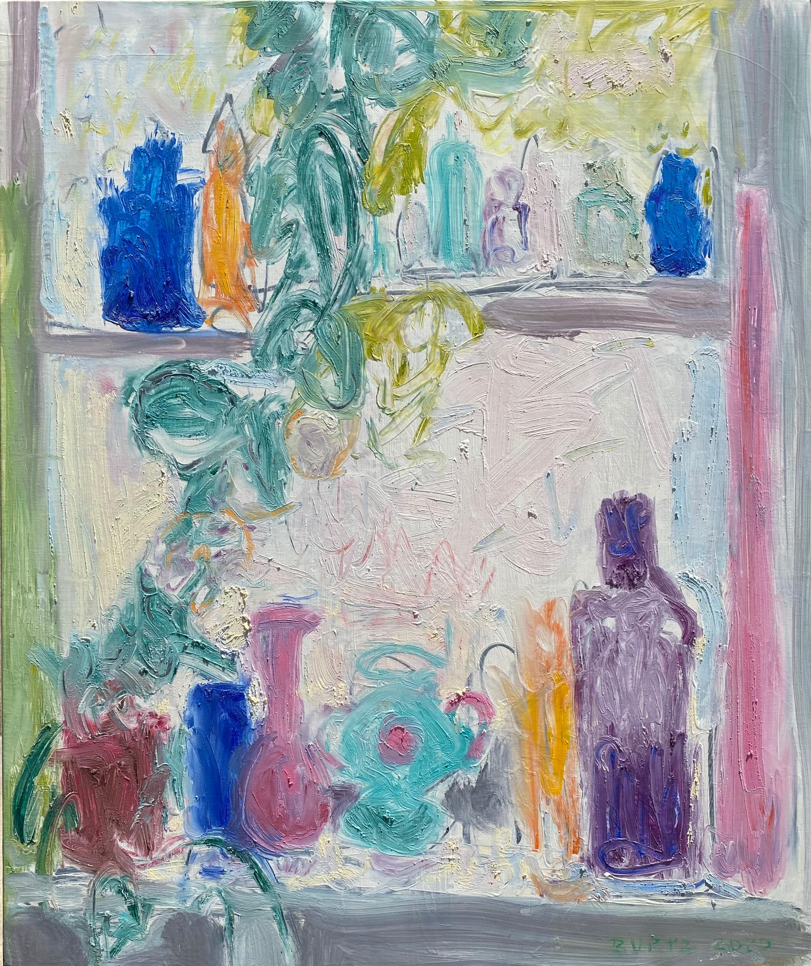 Tracy Burtz Landscape Painting - Windowscape VI (Bottles&Plants, Artist's Studio Window)