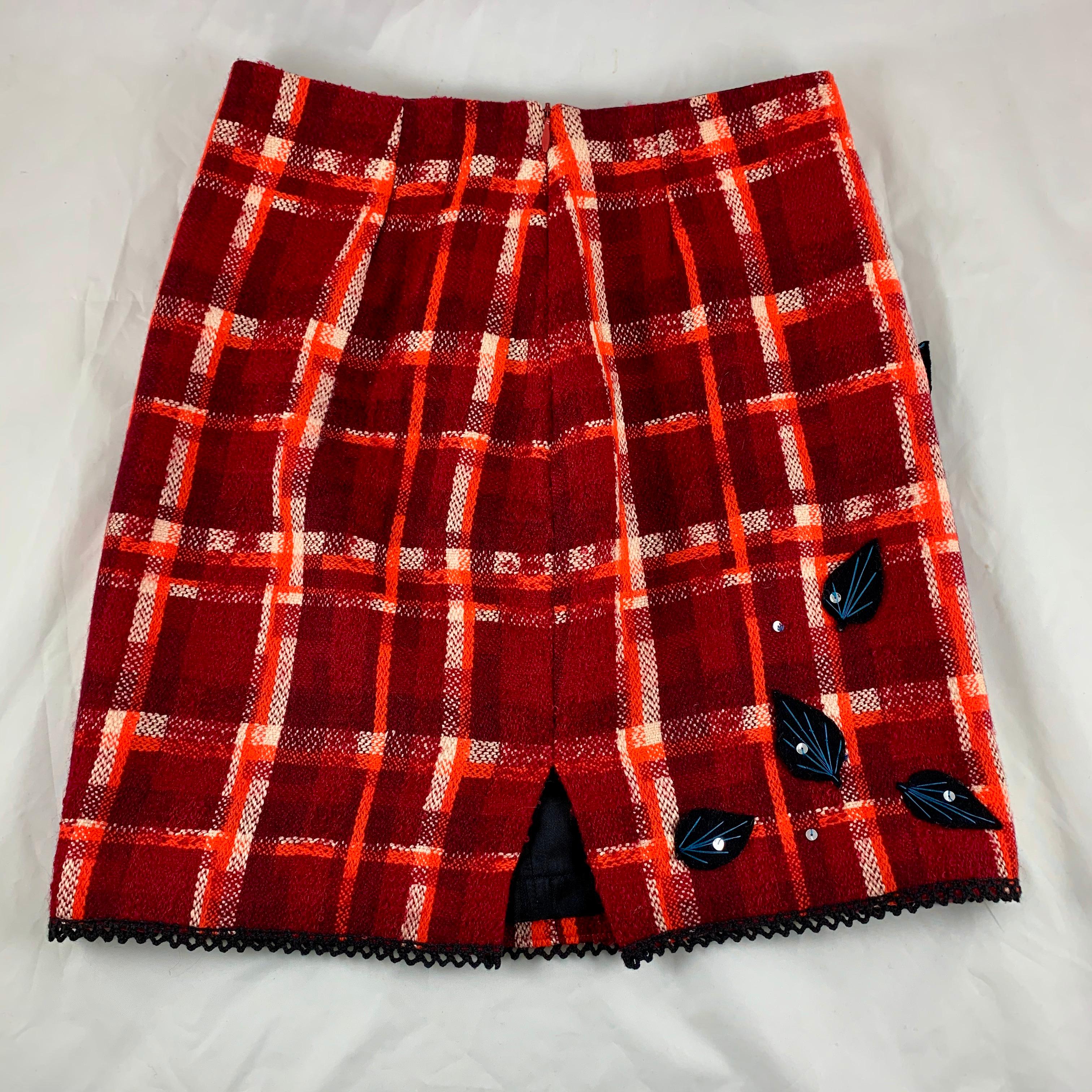 Late 20th Century Tracy Feith Red Plaid Wool Mini Skirt with Hand Appliqué Sequins & Leaves, 1980s For Sale