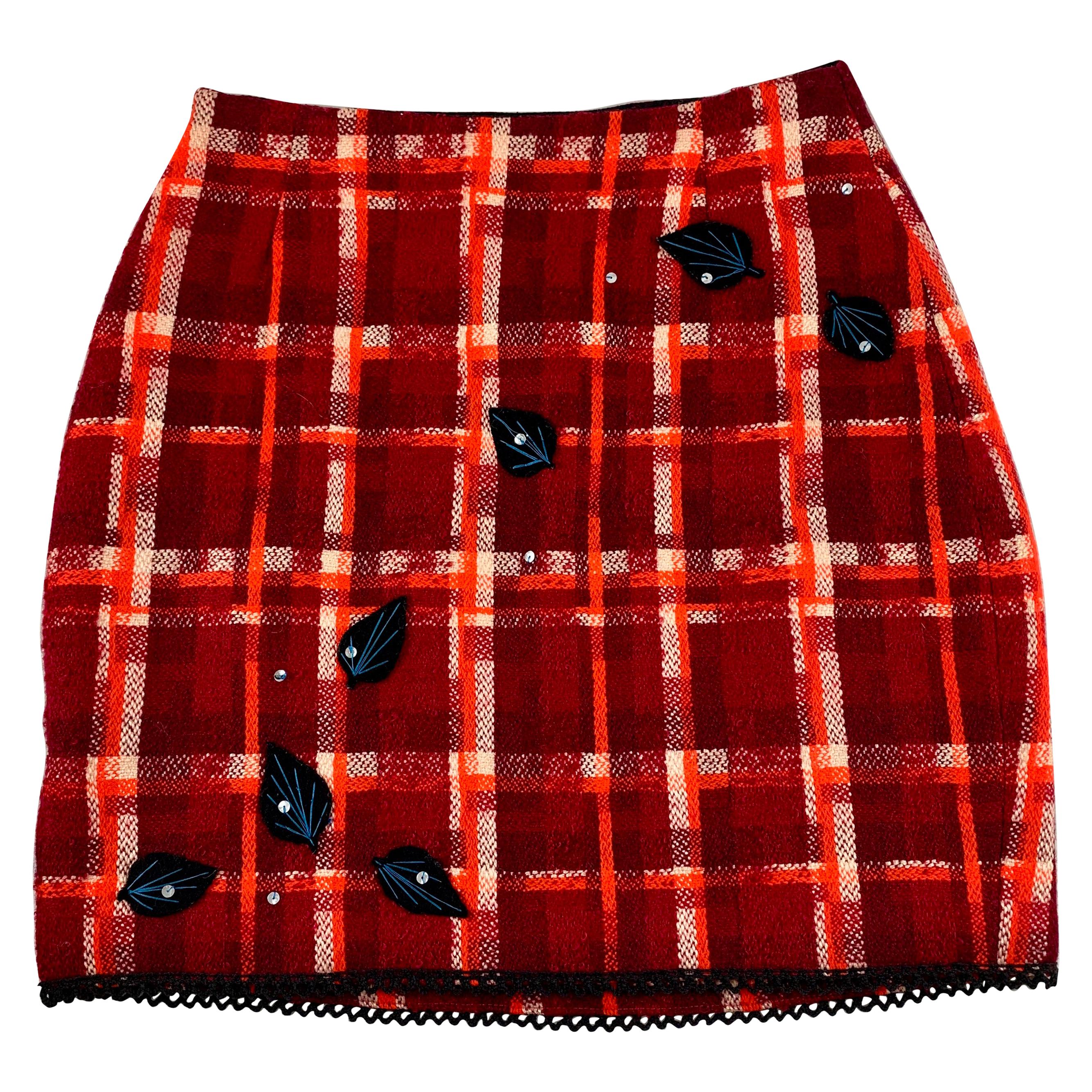 Tracy Feith Red Plaid Wool Mini Skirt with Hand Appliqué Sequins & Leaves, 1980s For Sale