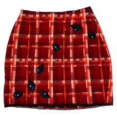 Tracy Feith Red Plaid Wool Mini Skirt with Hand Appliqué Sequins & Leaves, 1980s