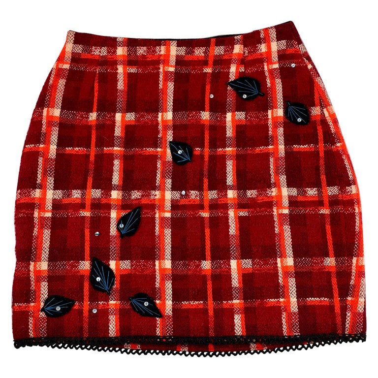 Tracy Feith Red Plaid Wool Mini Skirt with Hand Appliqué Sequins and ...