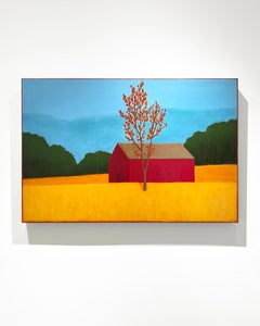 A Fall Scene (Autumn Landscape Painting with Red Barn and Tree in Golden Field)