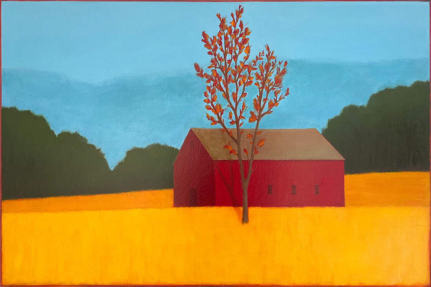 Una escena otoñal (Pintura de paisaje otoñal con un granero rojo y un árbol en un campo dorado)