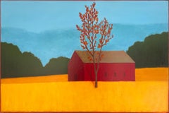 Una scena d'autunno (dipinto di paesaggio autunnale con fienile rosso e albero in un campo dorato)