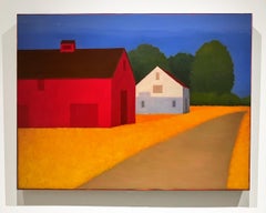 Along The Road (Contemporary Color Field Landscape with Red Barn & Orange Field)