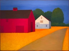 Along The Road (paysage contemporain en couleur avec grange rouge et champ orange)