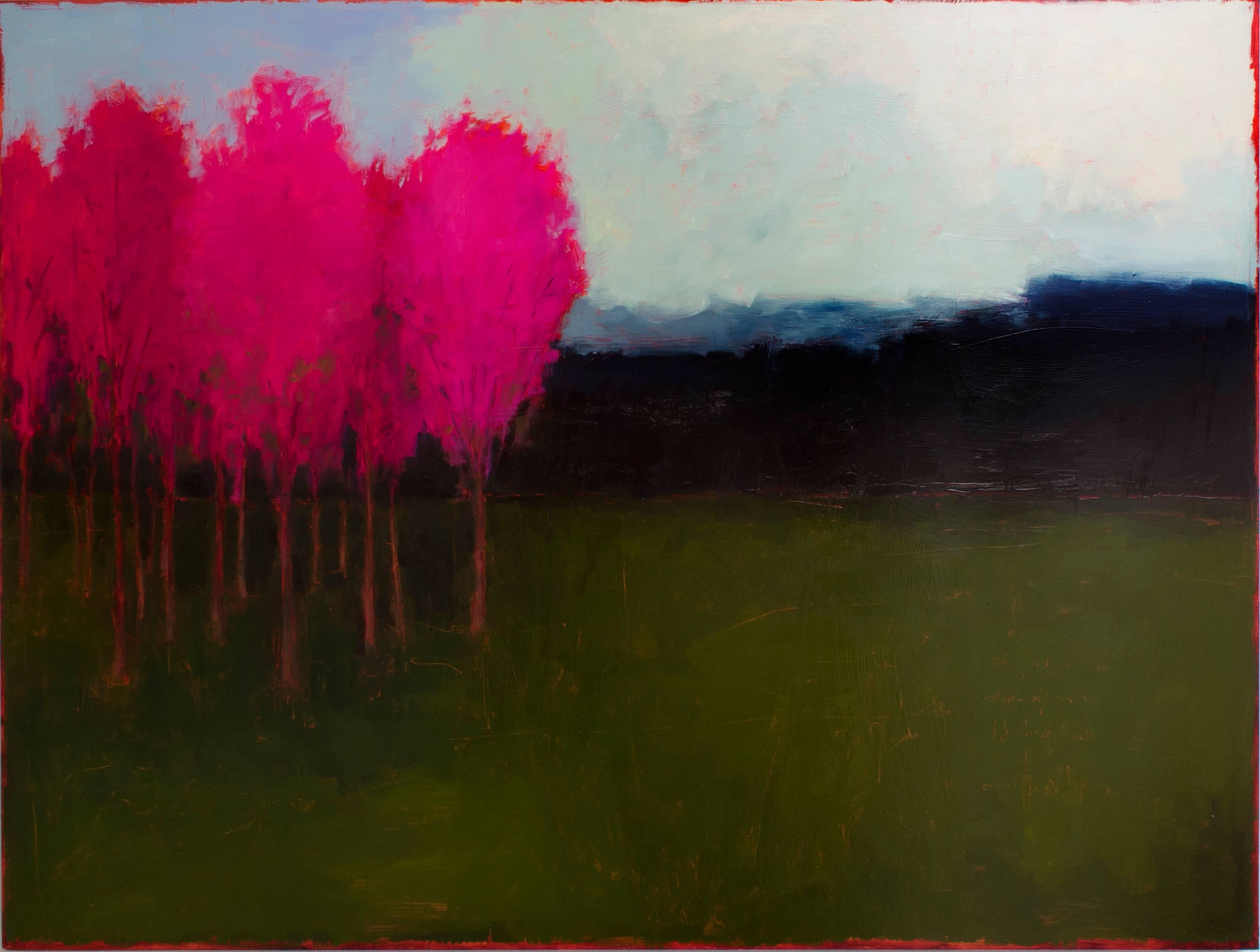 Tracy Helgeson Abstract Painting - At First Blush (Minimalist Color Field Landscape Painting with Magenta Trees)