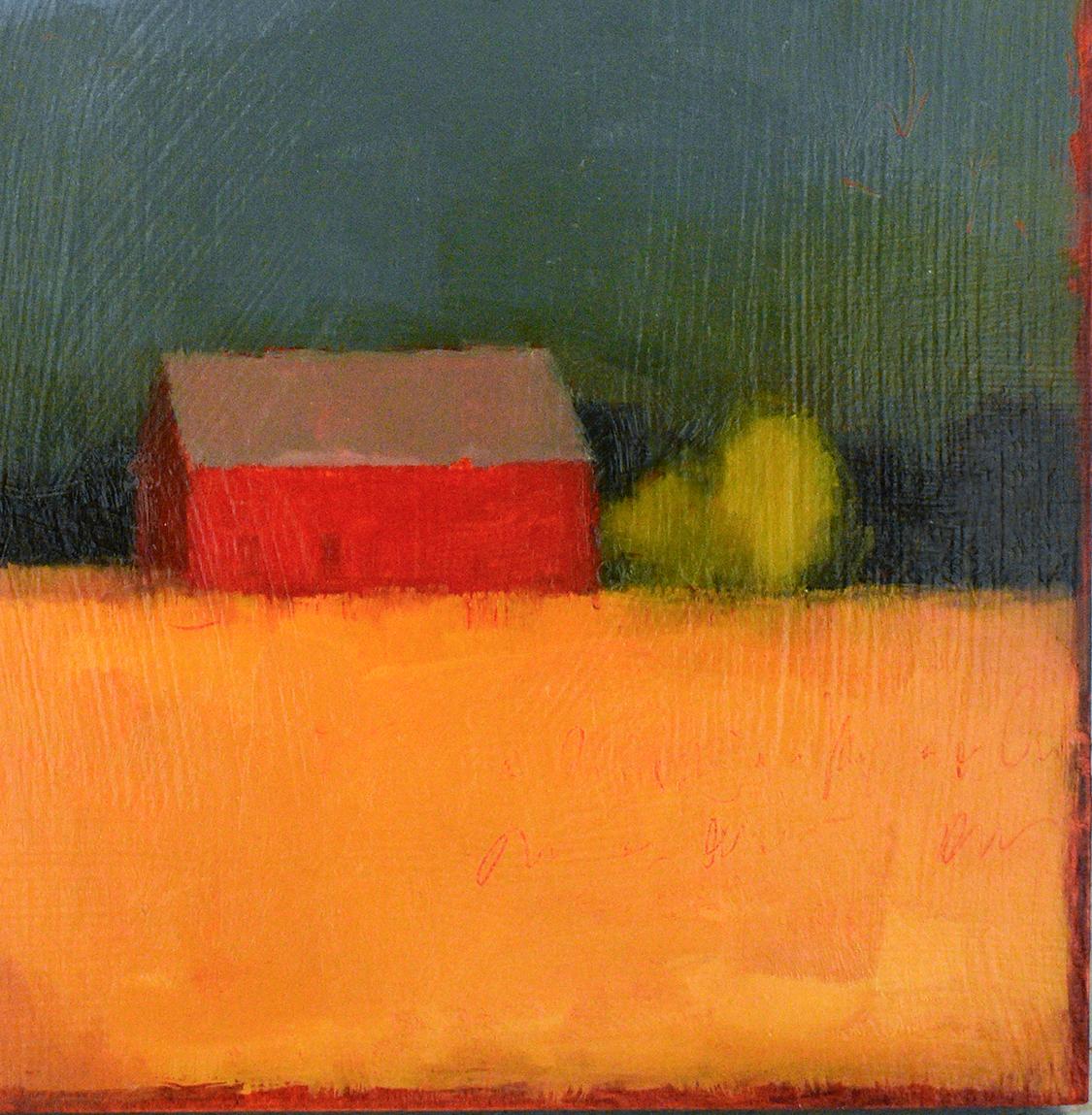 Minimal, abstracted landscape of a red barn, yellow and green field under a blue sky
oil on birch panel, 10 x 8 inches
Ready to hang as is, no frame required, edges of the panel are painted soft black
Artist signature located on the back

This