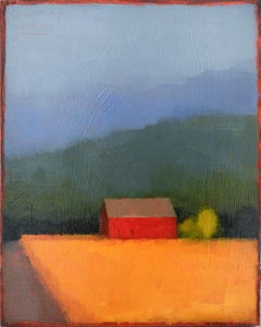 Barn Rt. 26 (peinture de paysage abstrait d'une grange rouge:: d'un champ jaune et d'un ciel bleu)