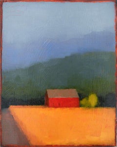 Barn Rt. 26 (Abstract Landscape Painting of a Red Barn, Yellow Field & Blue Sky)