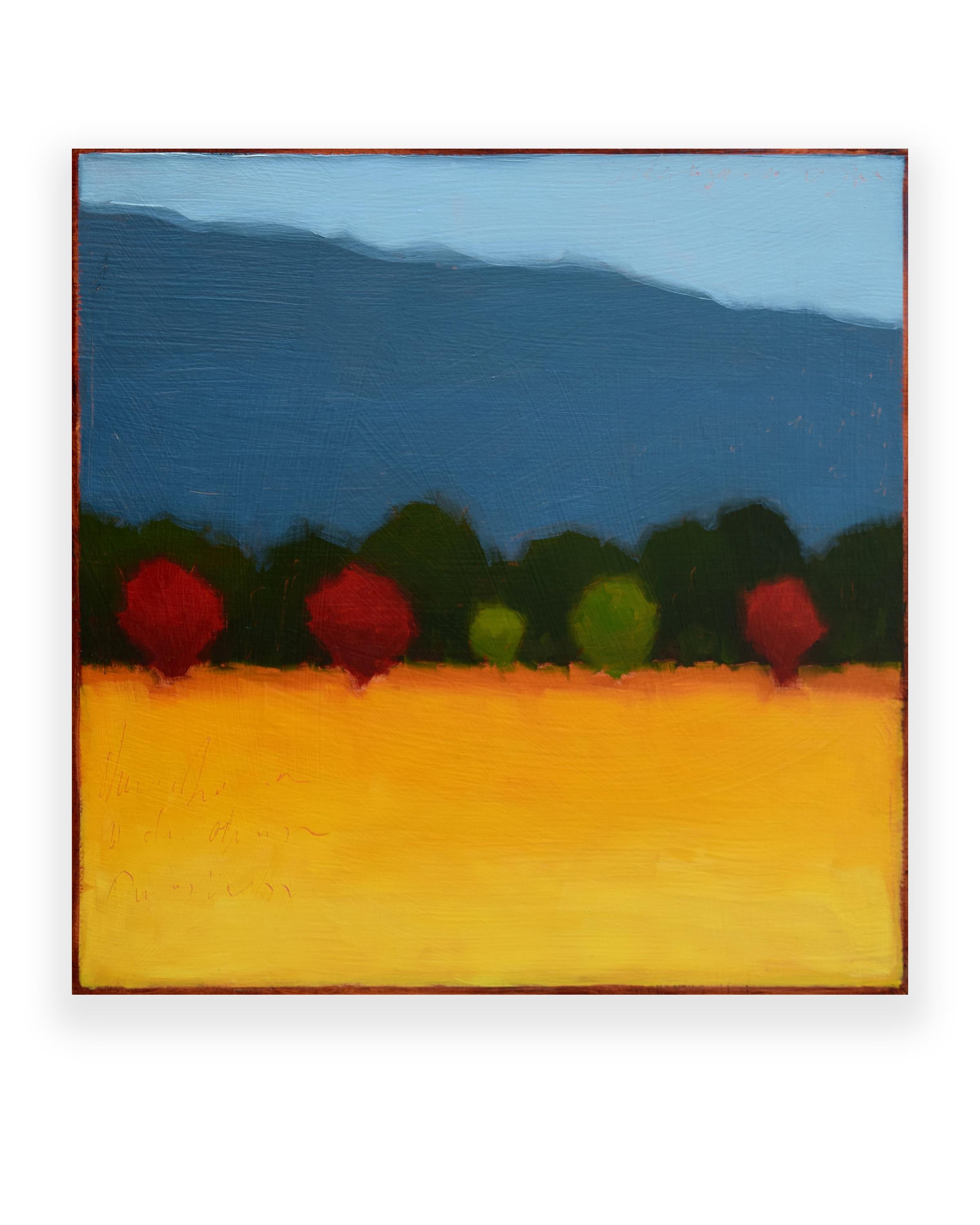 Bright Field (Color Field Painting of a Rural Landscape in Autumn) by Tracy Helgeson
10 x 10 x 2 inches, oil on birch panel

Tracy Helgeson plays on the idea of color field painting with rural landscapes saturated in improbable hues. Helgeson