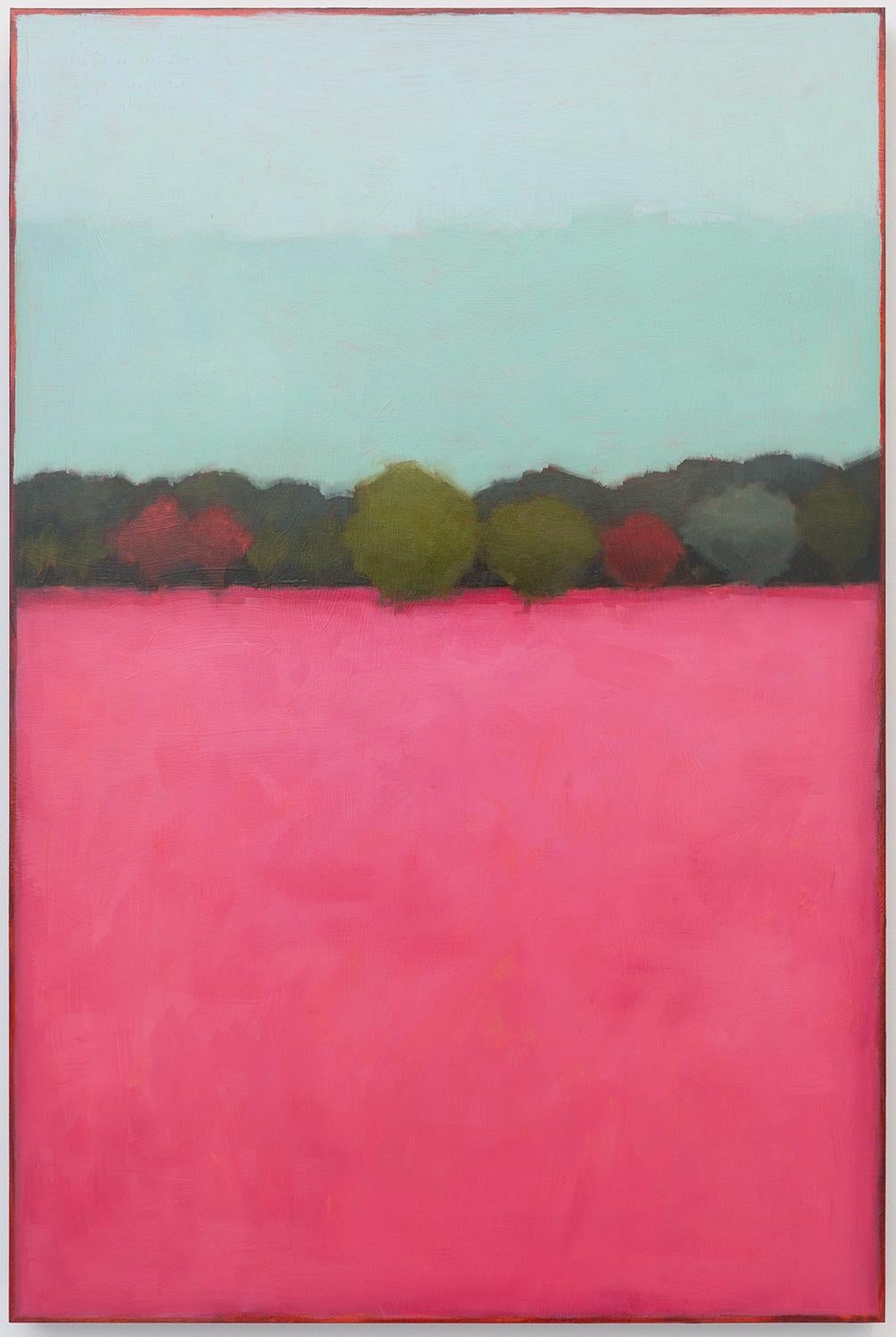 Color Field 500 (Abstracted Landscape of a Green Field, Beige Sky & Pink Trees) 
