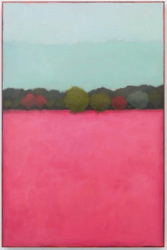Color Field 500 (Abstracted Landscape of a Green Field, Beige Sky & Pink Trees)