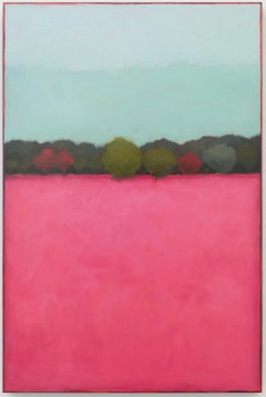 Color Field 500 (Abstracted Landscape of a Green Field, Beige Sky & Pink Trees) 