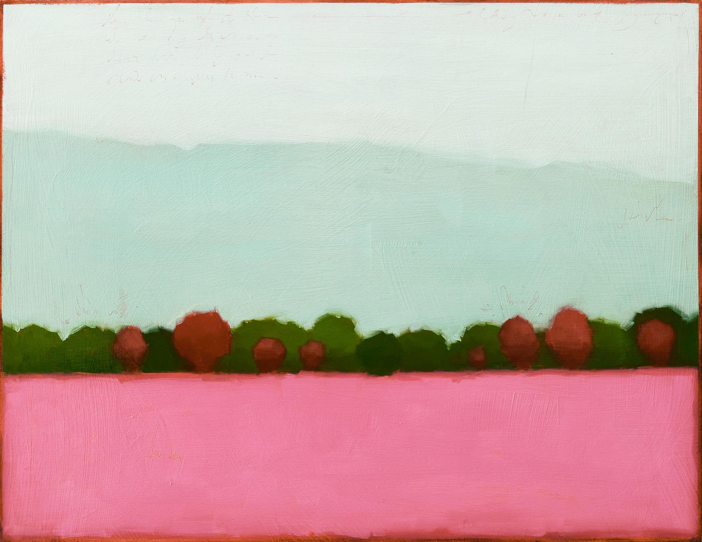 Tracy Helgeson Abstract Painting – Farbfeld 608 (Zeitgenössisches Landschaftsgemälde, Baumlinie jenseits des rosafarbenen Feldes)