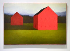 Double Red (Graphic Abstract Landscape Painting of Two Red Barns & Green Field)