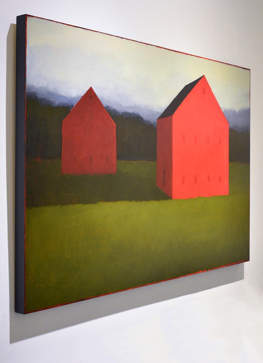 Abstracted geometric landscape painting of vibrant green meadow and two sunlit red barns
