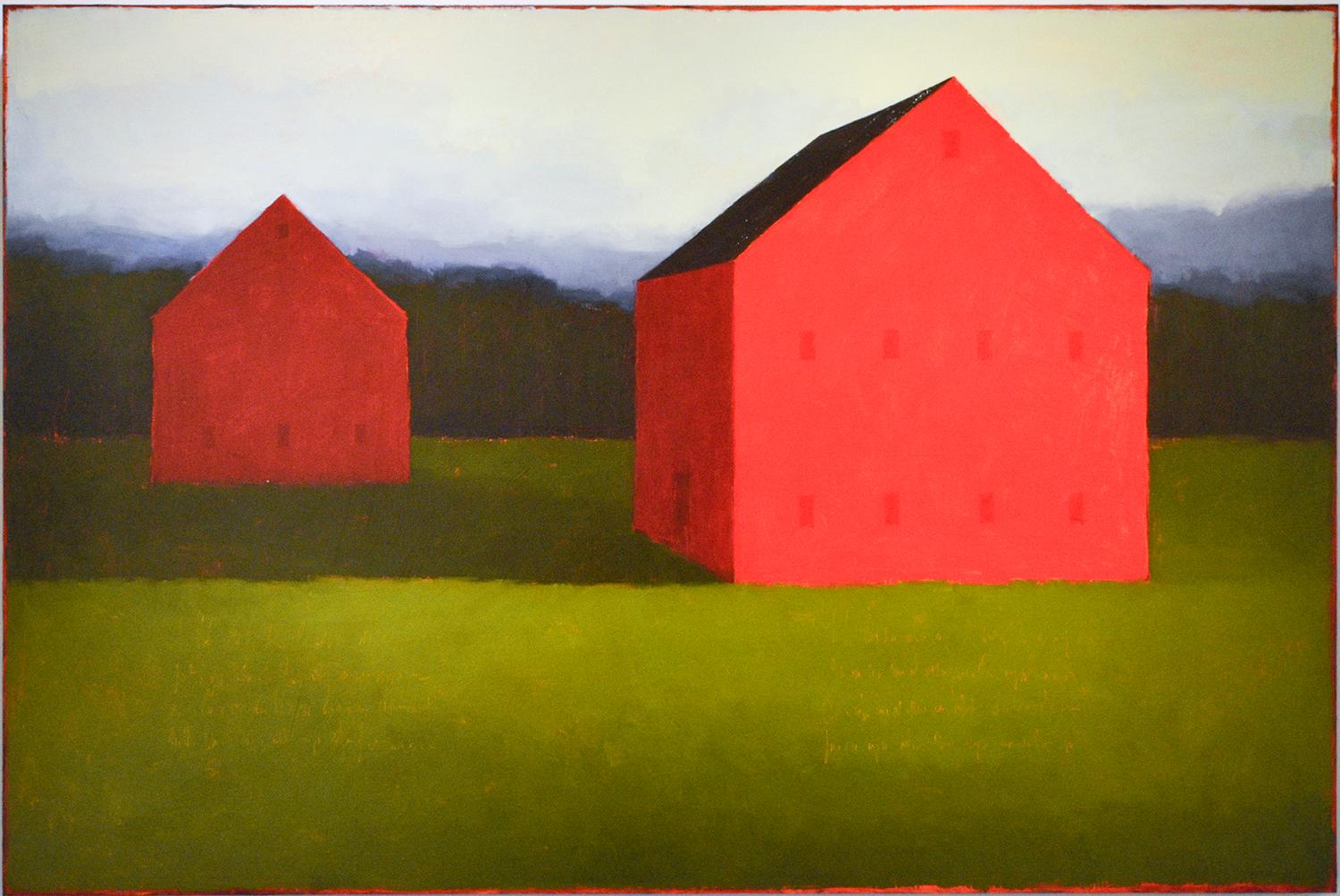 Tracy Helgeson Abstract Painting - Double Red (Graphic Abstract Landscape Painting of Two Red Barns & Green Field)