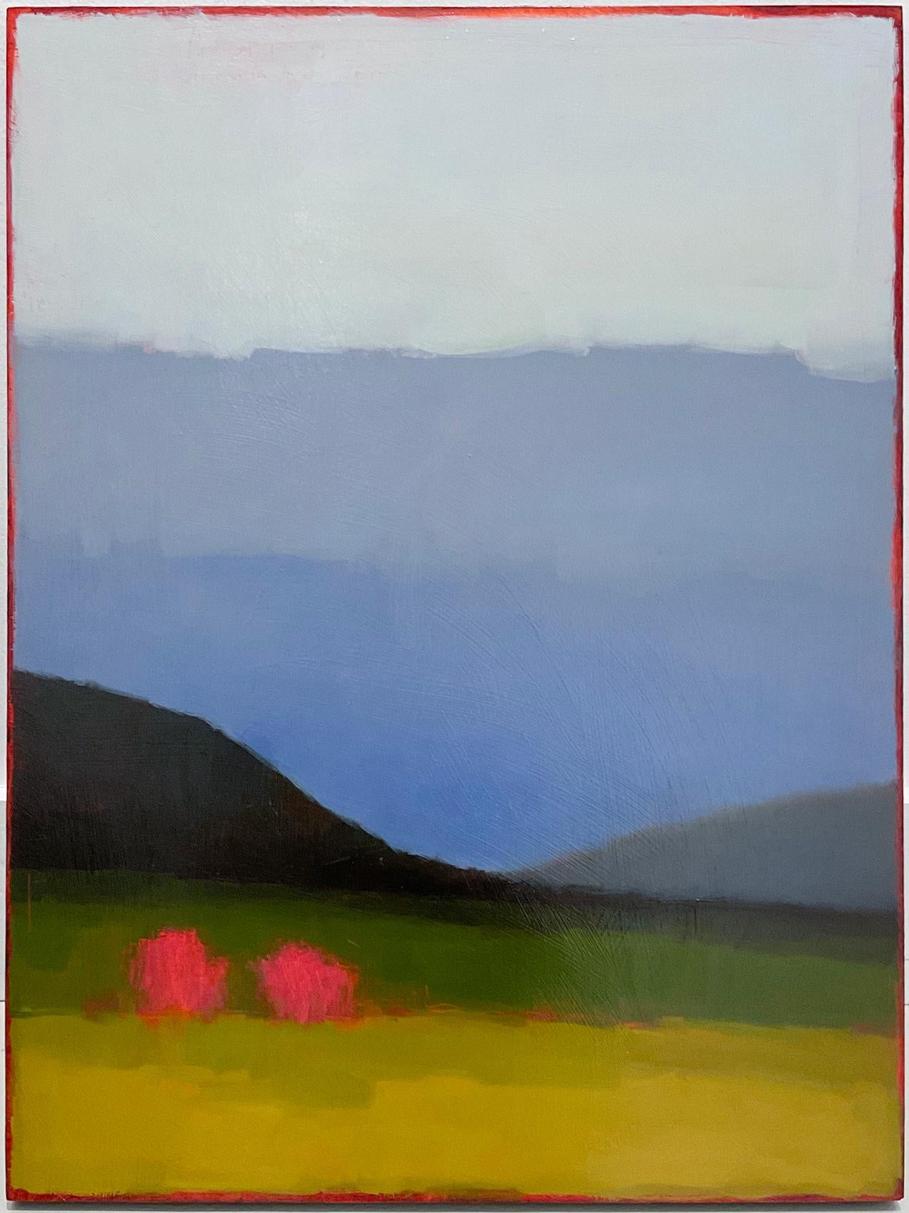 Tracy Helgeson Abstract Painting - Early May: Abstract Color Field Landscape Painting Green Fields & Periwinkle Sky