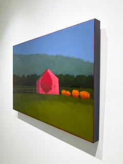 Farm At Dusk (Color Field Landscape Painting of Pink House and Red Tree)