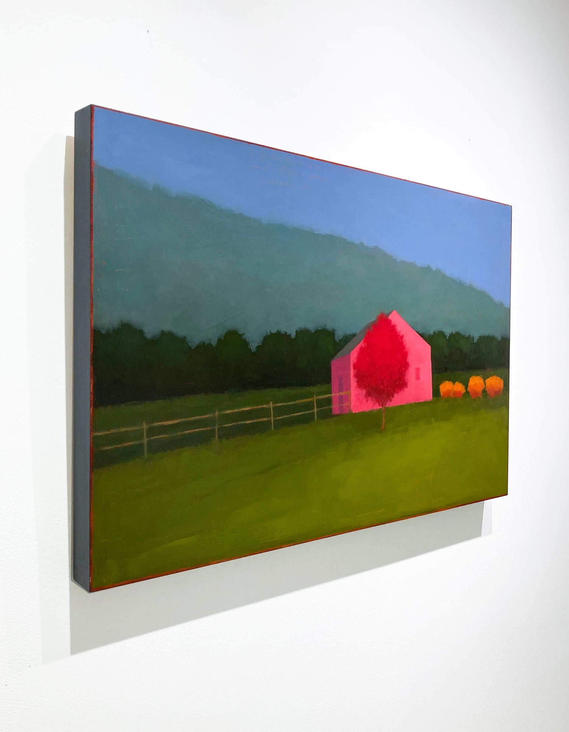 Farm At Dusk (Color Field Landscape Painting of Pink House and Red Tree) 1