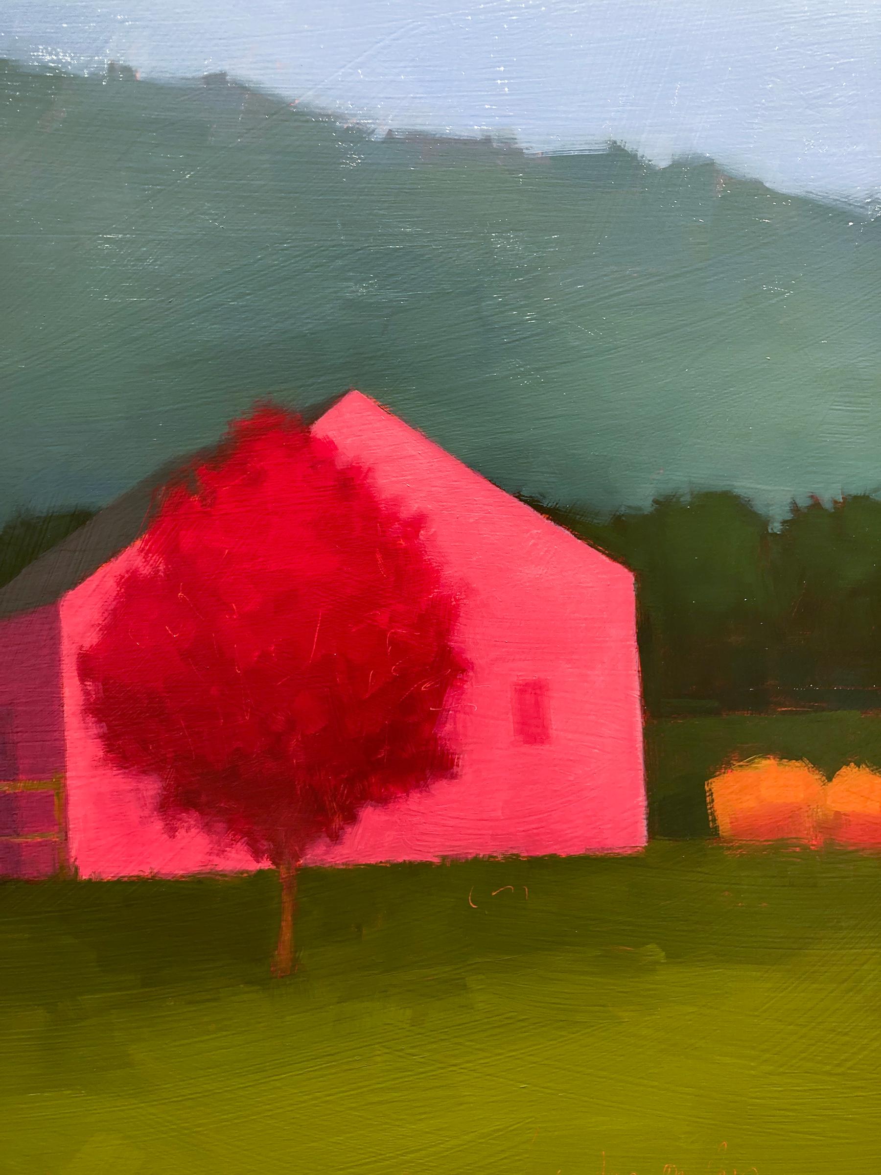 Farm At Dusk (Color Field Landscape Painting of Pink House and Red Tree) 3