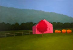 Farm At Dusk (Color Field Landscape Painting of Pink House and Red Tree)